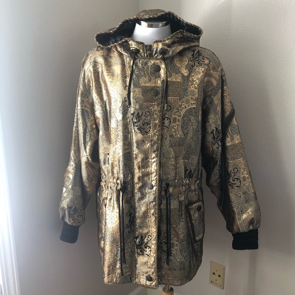 skea Jackets & Blazers - SKEA Vintage Gold Hooded Dragon Print Ski Jacket